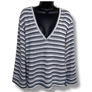 New Small Anama Grey Striped Long Sleeve Plunge Vneck Knit Too Stretch